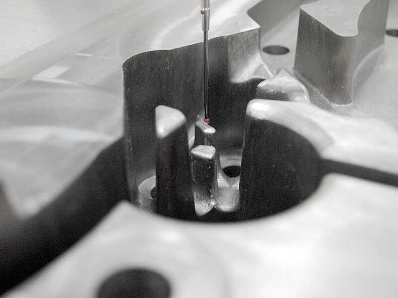 A ruby probe on a CMM machine probes  moulding area of an insert for a high pressure die cast mould